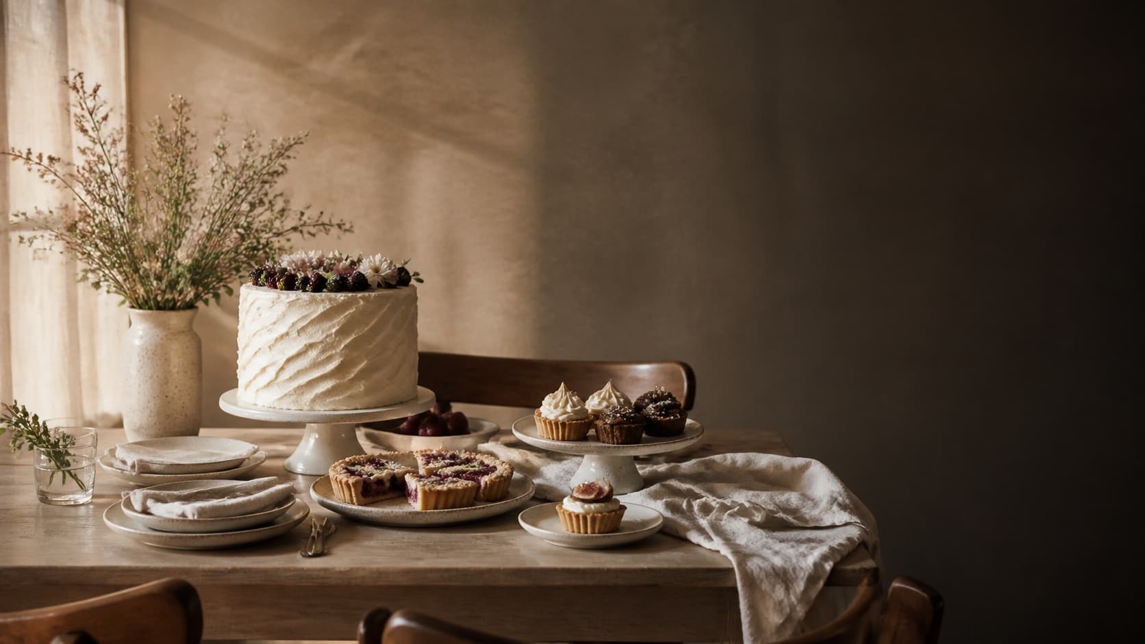 Mesa preparada con torta y postres artesanales